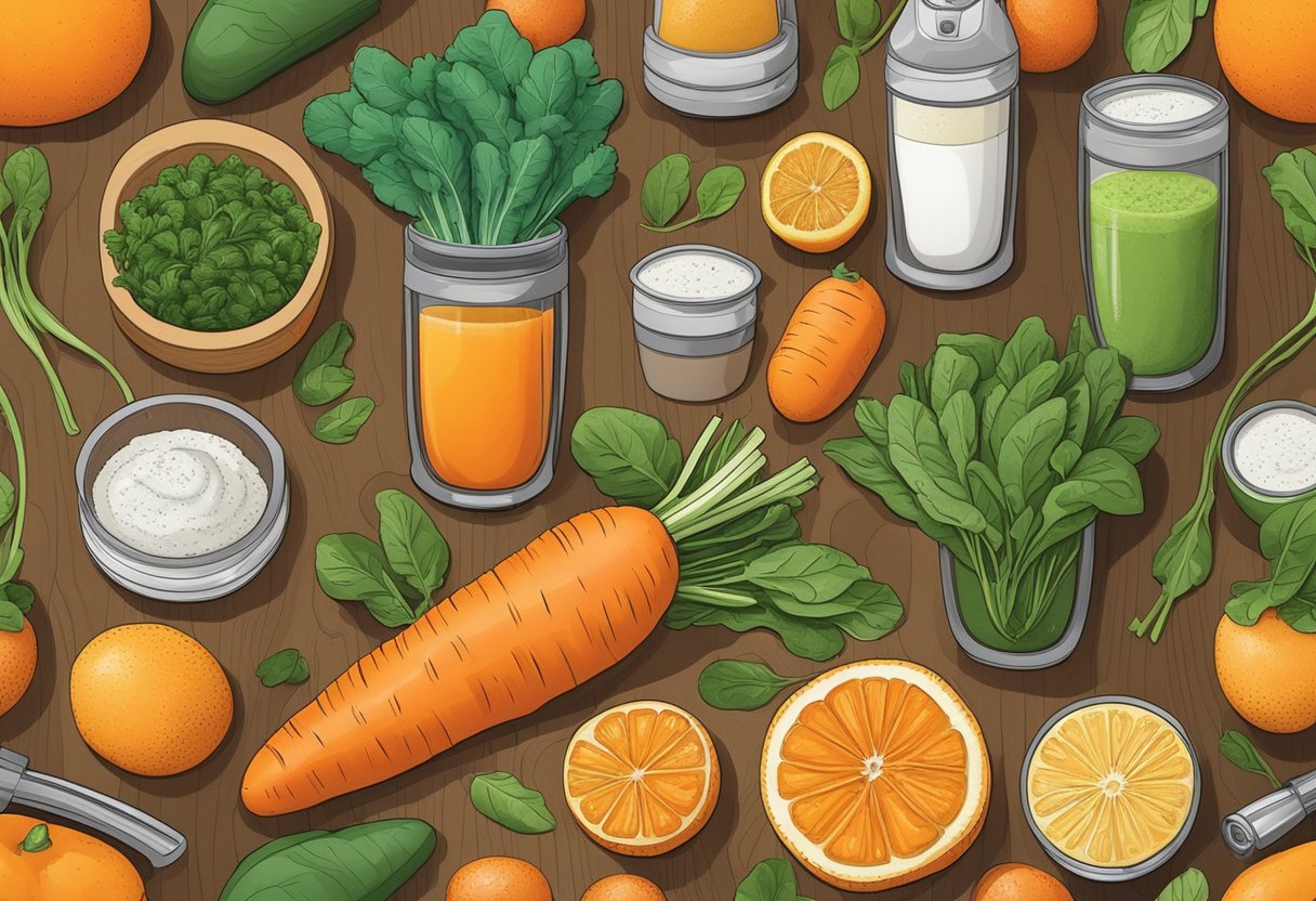 A vibrant assortment of carrots, spinach, and oranges arranged on a wooden table, surrounded by a blender and various other smoothie ingredients