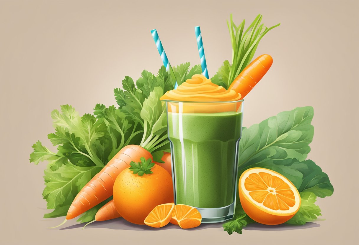 A vibrant orange carrot-based smoothie surrounded by fresh carrots, leafy green tops, and a variety of colorful fruits and vegetables