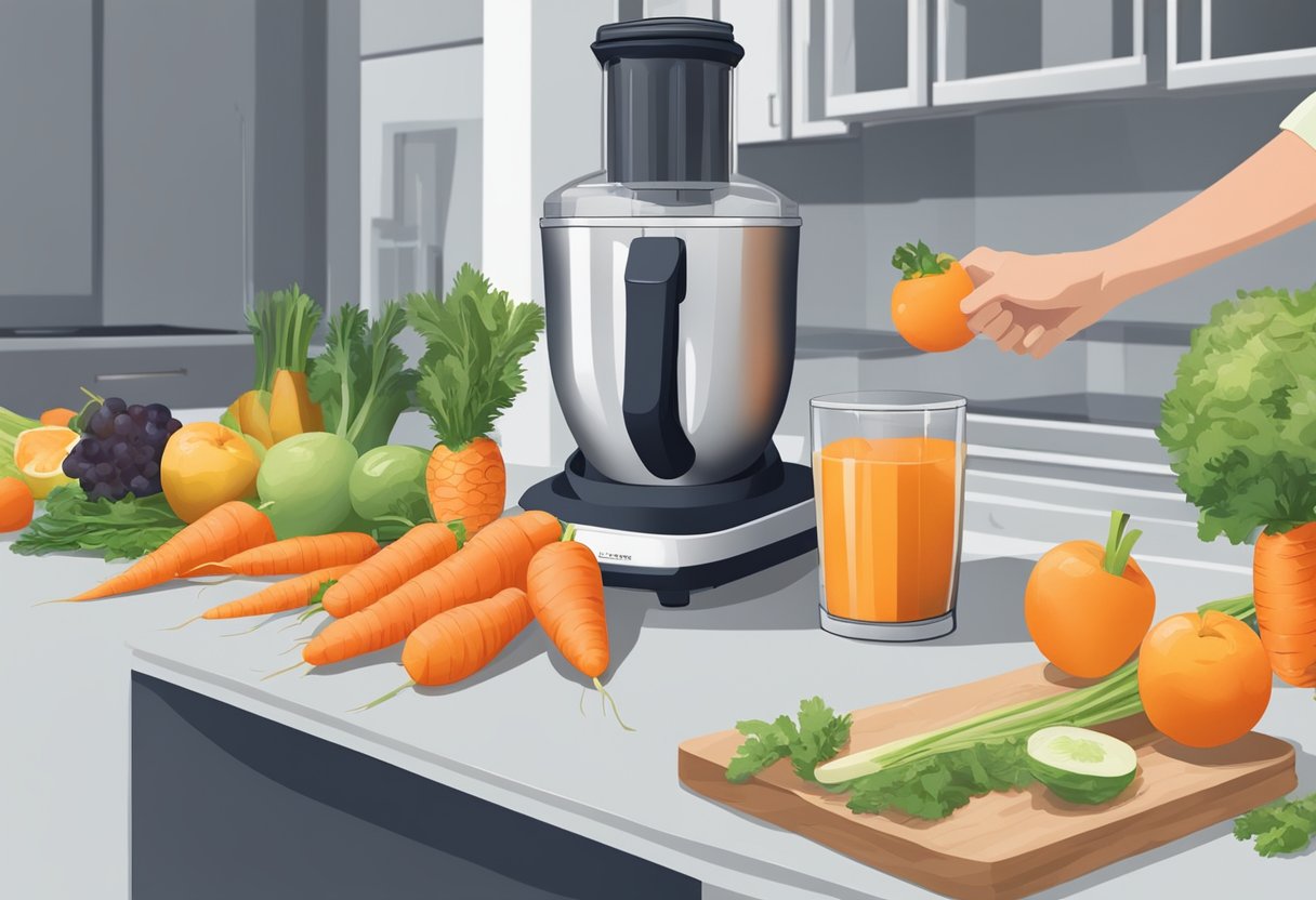 A hand reaching for a bunch of fresh carrots next to a blender and various fruits on a kitchen counter