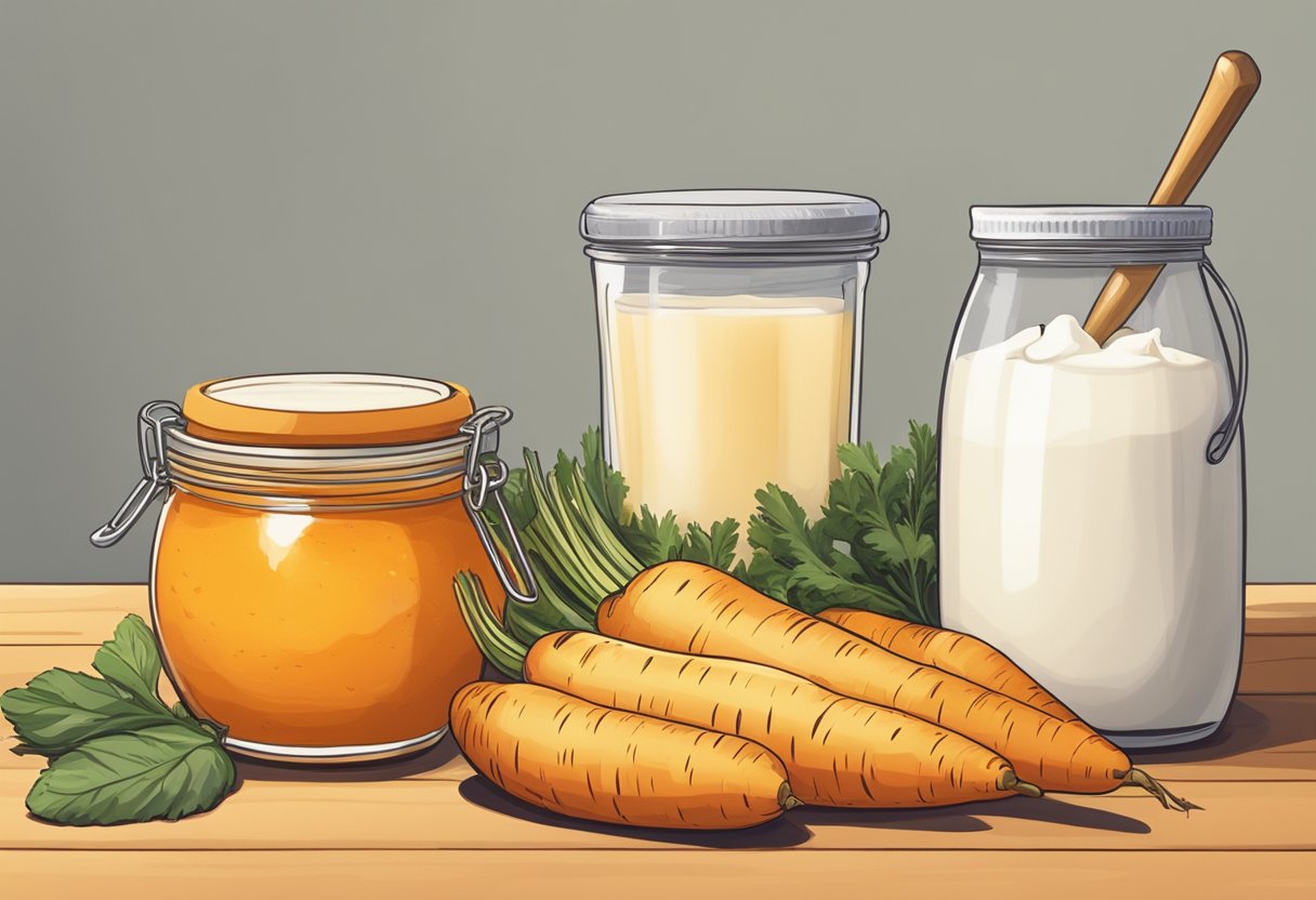 Fresh carrots, ripe bananas, and tangy oranges sit next to a jar of honey and a container of Greek yogurt on a wooden kitchen counter