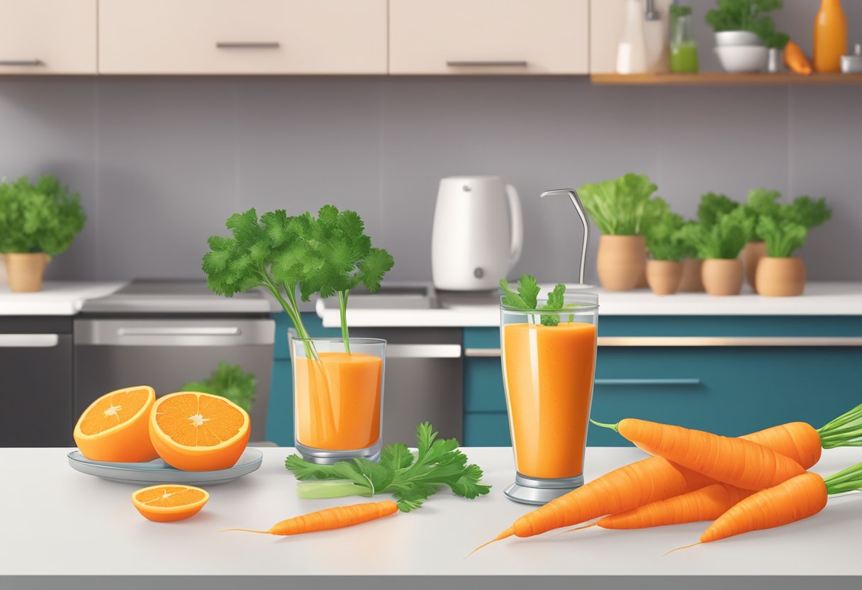 A glass filled with vibrant orange carrot smoothie surrounded by fresh carrots, a blender, and various liquid ingredients on a kitchen counter