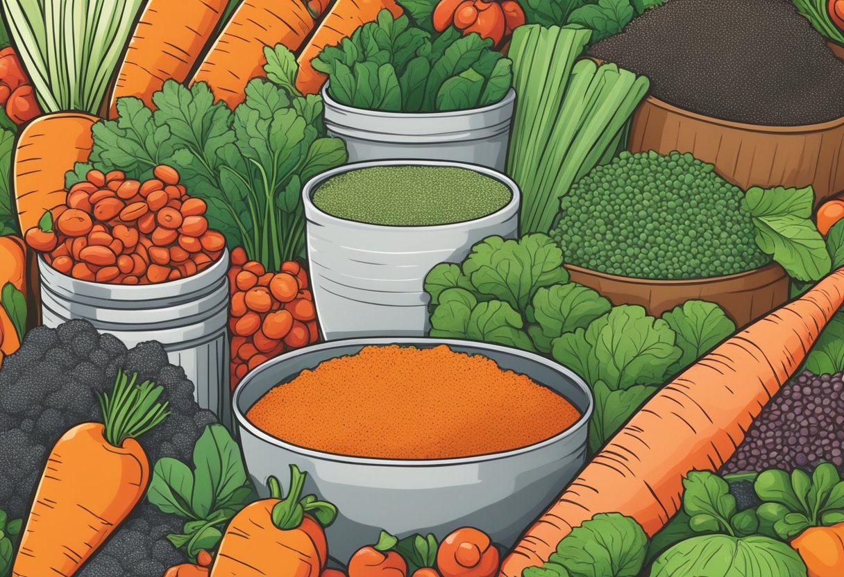 A vibrant carrot patch surrounded by an array of superfoods like chia seeds, goji berries, and spinach, all ready to be blended into a nutritious smoothie