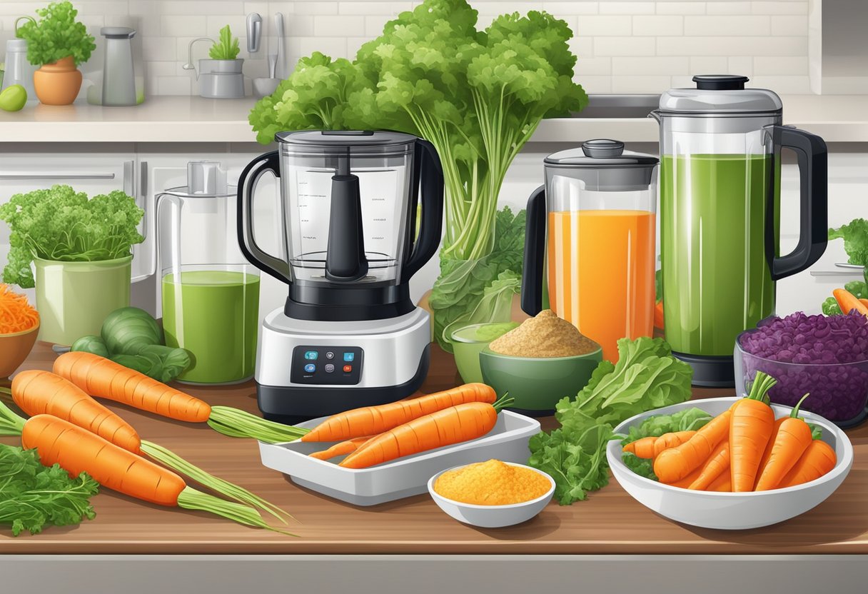 A colorful array of fresh carrots, leafy greens, and a variety of blenders and juicers on a kitchen countertop