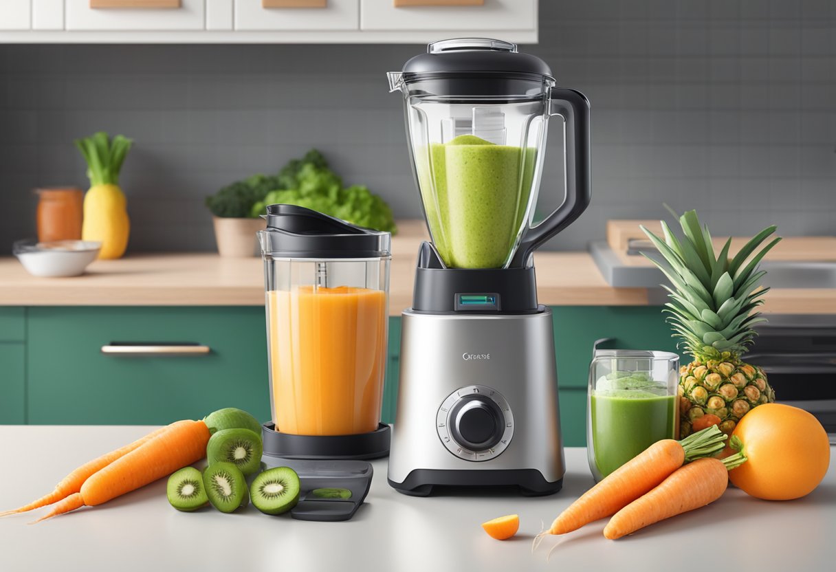 A kitchen counter with fresh carrots, a blender, various fruits, and airtight containers for storing smoothie ingredients