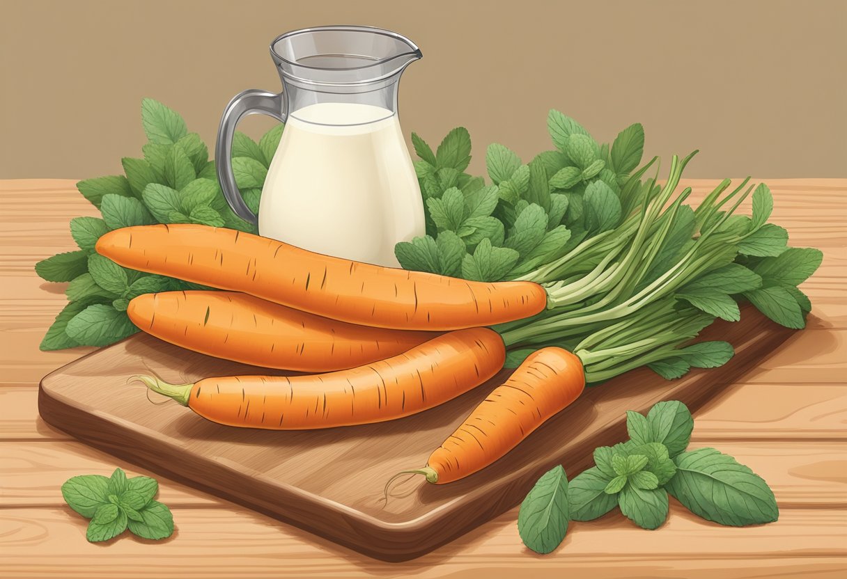 A vibrant array of fresh carrots, oranges, and bananas laid out on a wooden cutting board, surrounded by scattered mint leaves and a pitcher of almond milk